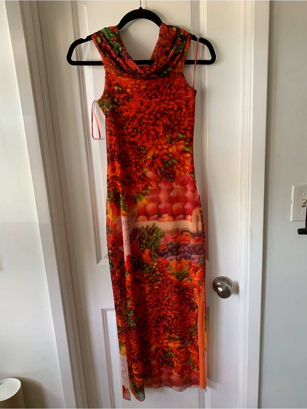 Sleeveless Flowy Turtleneck Orange Chili Print Maxi Dress